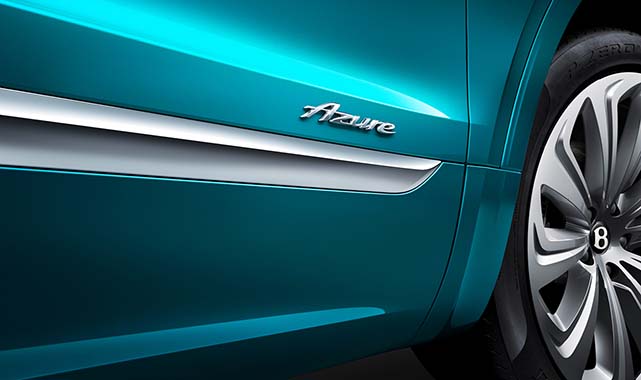 Side profile of the Bentley Bentayga Azure edition in turquoise, featuring the chrome Azure emblem and elegant body lines.
