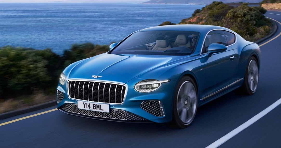 Front three-quarter view of a blue Bentley Continental GT