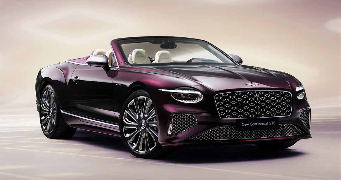 hree-quarter front view of a Bentley Continental GTC Mulliner displayed in studio lighting, with sculpted body lines and chrome grille.
