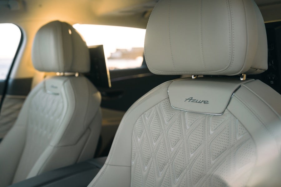 Rear seats of a 2027 Bentley Flying Spur Azure with Harmony Diamond quilting